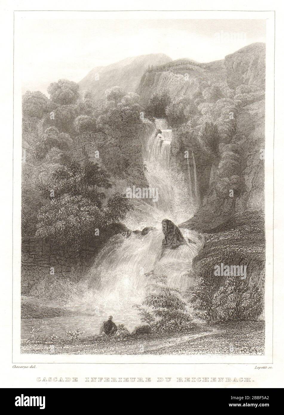 Cascade Inferieure du Reichenbach, canton de Berne. Chute. Berna. Suisse 1837 Banque D'Images