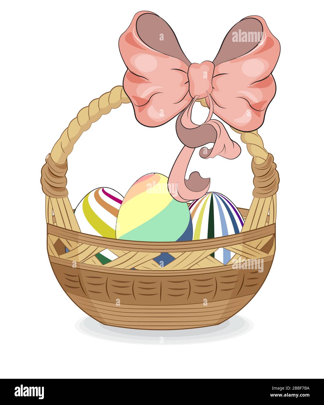 Beau panier isolé en bois vectoriel de Pâques avec noeud et œufs. Une photo de style dessin animé. Illustration de Vecteur