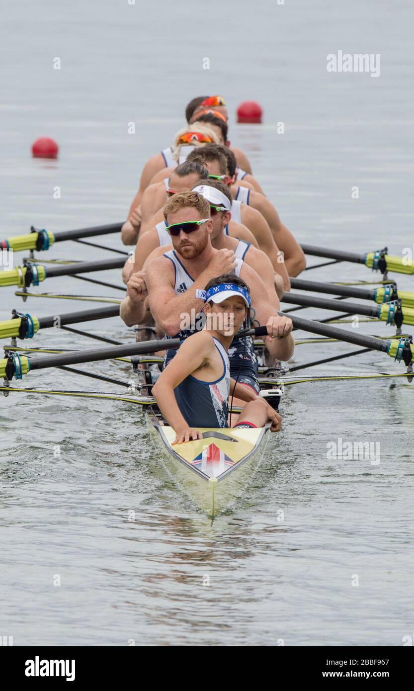 Rio de Janeiro. BRÉSIL. GBR M 8+. Noeud. ￼Scott DURANT, Tom RANSLAY, Andy Trigs HODGE, HODGE, Matt GOTREL, Pete REED, Paul BENNETT, Matt LANGRIDGE, William SATCH et Cox, Phelen HILL, s'éloignant du début de la régate olympique de rabour 2016. Lagoa Stadium, Copacabana, “Jeux Olympiques d’été” Rodrigo de Freitas Lagoon, Lagoa. Lundi 08/08/2016 [crédit obligatoire; images Peter SPURRIER/Intersport] Banque D'Images