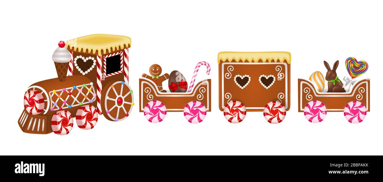 train de pain d'épices de pâques avec œufs de pâques, lapin et bonbons Banque D'Images