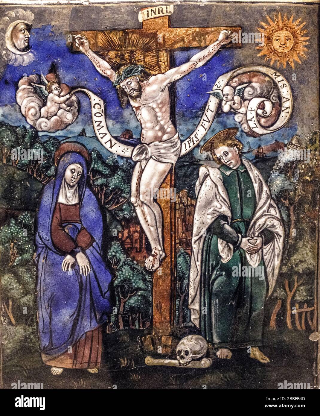 Crucifixion - Atelier de Pierre Reymond Attr. À Limoges, au milieu du XVIe siècle, l'émail polychrome sur le cuivre Banque D'Images