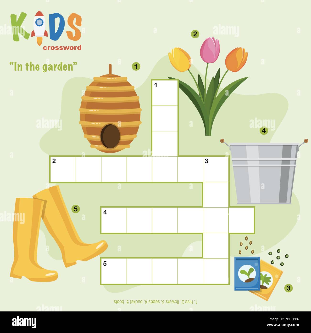 Puzzle à mots croisés facile « Dans le jardin », pour les enfants de  l'école primaire et moyenne. Moyen amusant de pratiquer la compréhension du  langage et d'élargir le vocabulaire Image Vectorielle