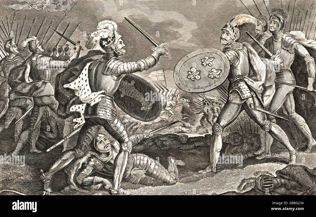 BATAILLE D'AGINCOURT 25 OCTOBRE 1415. Henry V à gauche dans cette gravure du XIXe siècle. Banque D'Images