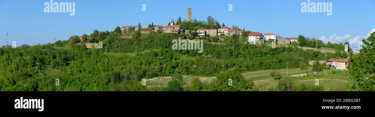 Vue sur les collines verdoyantes de Castelletto d'Erro, près d'Acqui terme dans le Piémont, en Italie Banque D'Images