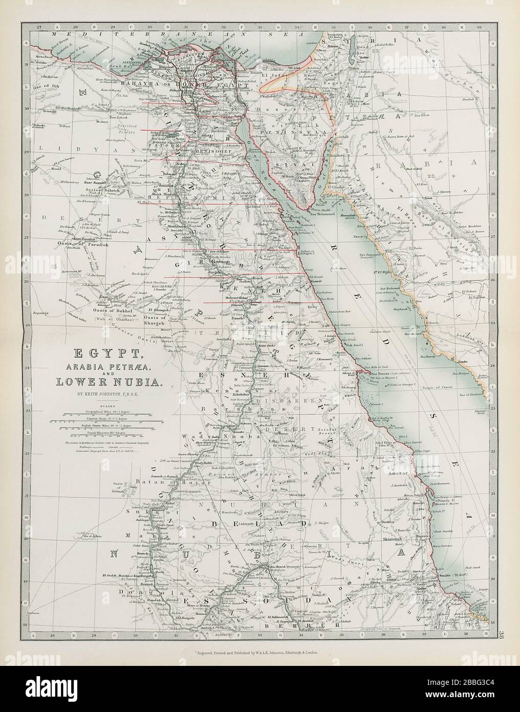 VALLÉE DU NIL Egypte, Arabie petraea et Lower Nubia divisions JOHNSTON 1901 carte Banque D'Images