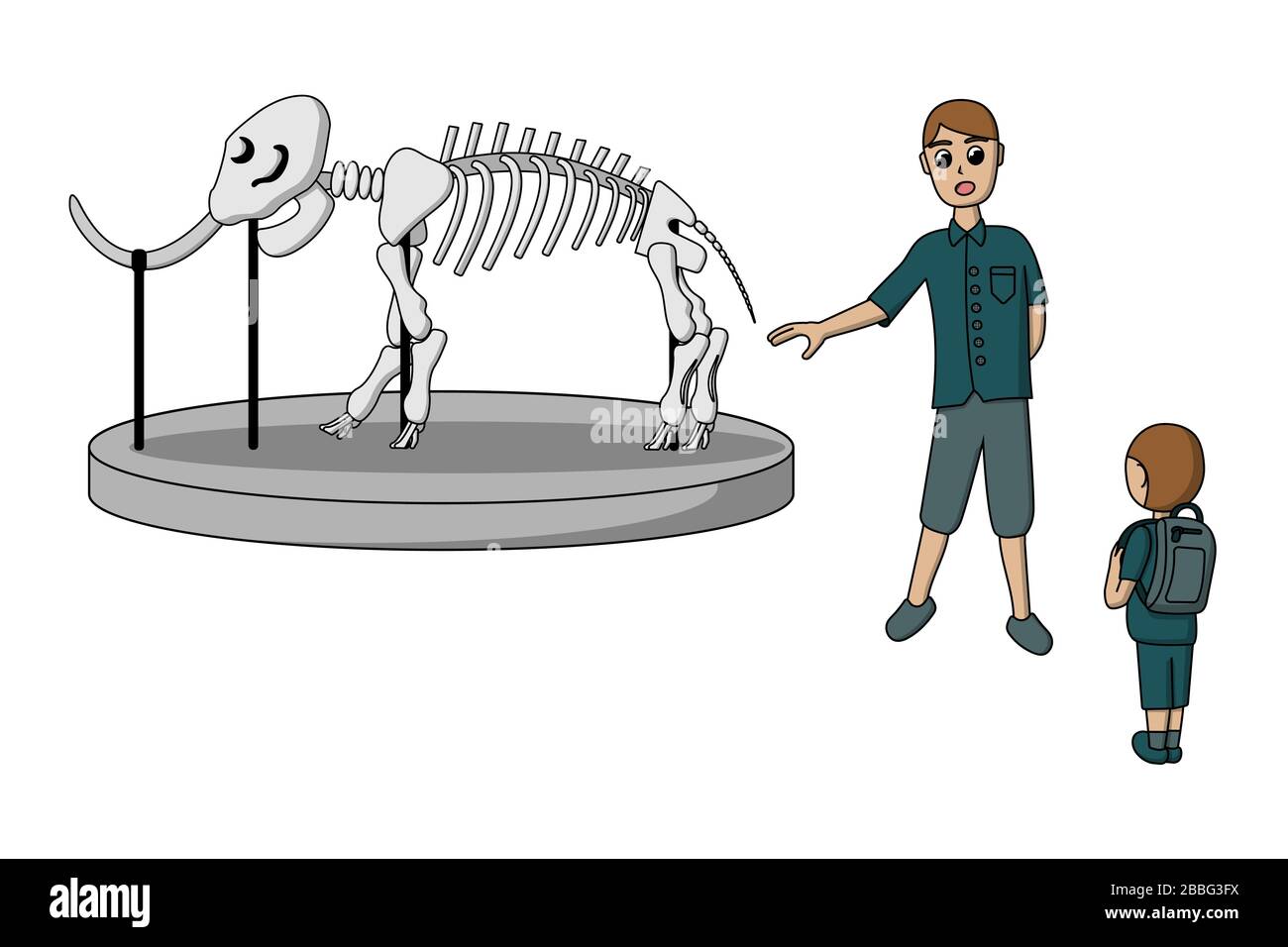 Le guide lors d'une visite du musée montre le squelette d'une mammouth. Personnages humains des visiteurs. Illustration vectorielle Illustration de Vecteur