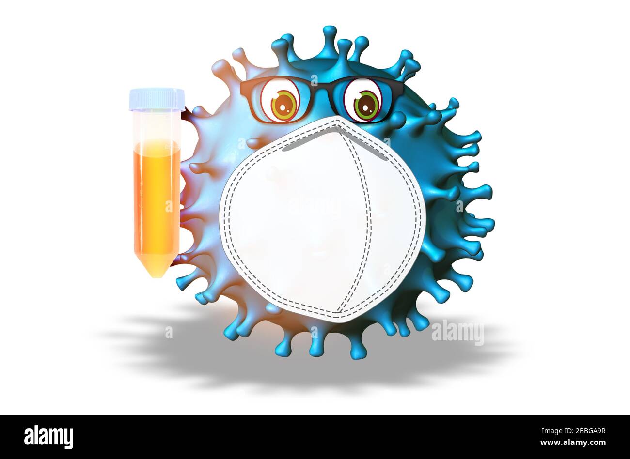 Illustration de comics du virus Covid-19 du coronavirus qui contient un tube à essai sur fond blanc. Concept de tests antiviraux et de recherche scientifique contre Banque D'Images