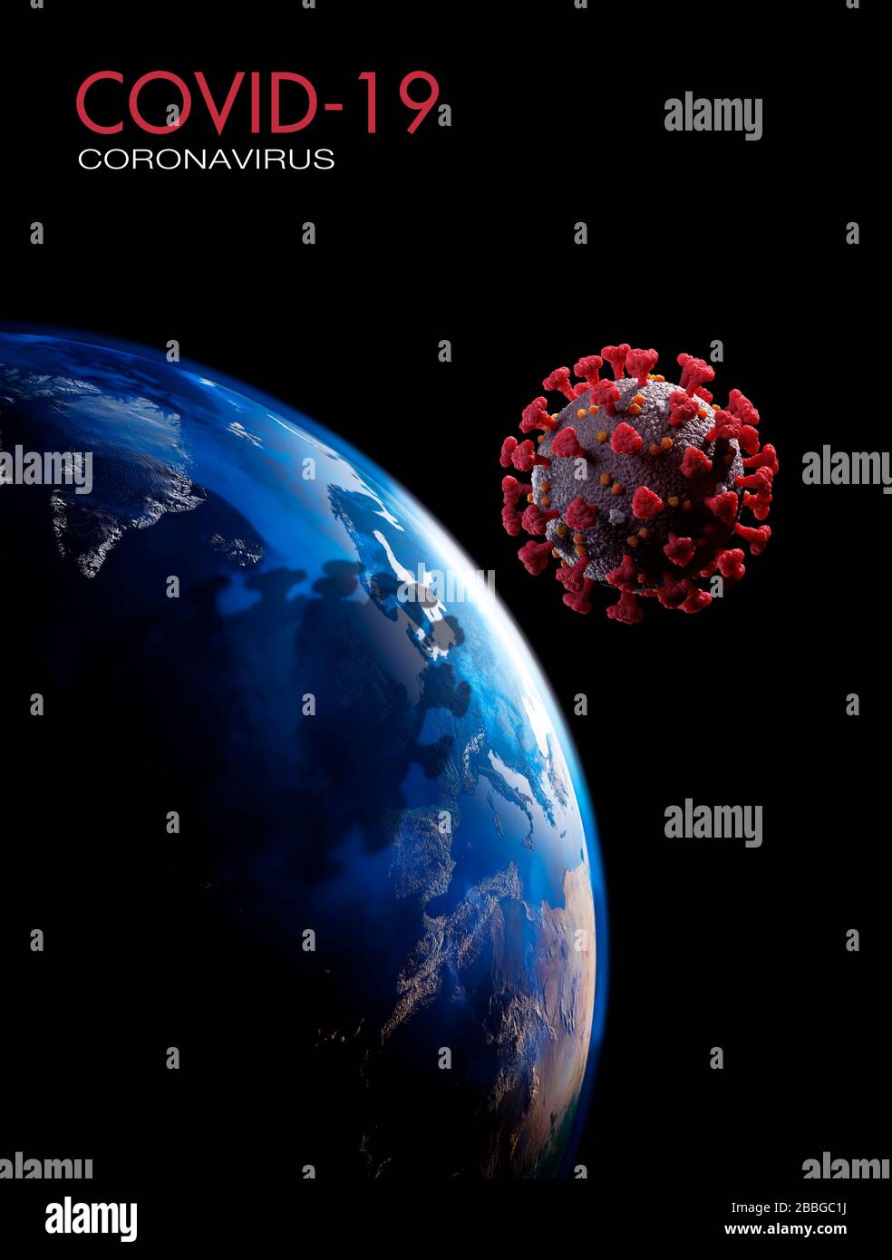 Coronavirus jetant l'ombre sombre sur la planète Terre, vue de l'espace, illustration conceptuelle en relief avec le titre COVID-19. Épidémie virale, propagation du viru Banque D'Images
