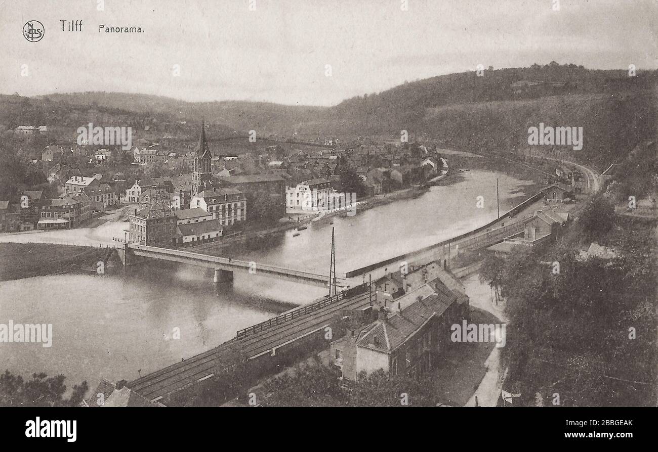 Carte postale d'environ 1910-1920 montrant une vue aérienne sur Tilff avec la rivière Ourthe, Esneux, Belgique Banque D'Images