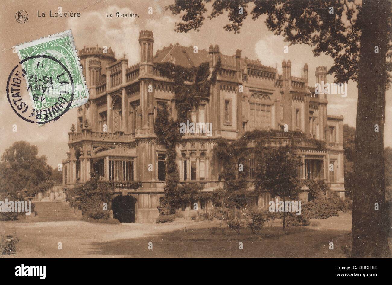 Carte postale de 1910 Château la Closière à la Louvière en Belgique, construite pour Victor Boch par l'architecte Joseph Poelart en 1862. Banque D'Images