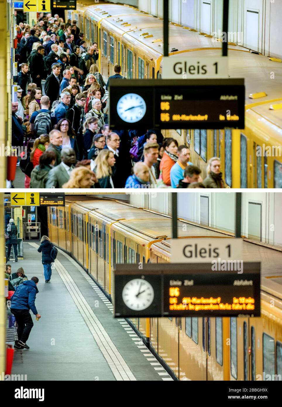 Berlin, Allemagne. 31 mars 2020. KOMBO - la station de métro Friedrichstraße de la ligne S6 avant la crise du coronavirus (ci-dessus, archive photo à partir du 06.05.2014) et à jour. En raison des restrictions importantes, il y a beaucoup moins de gens dans la vie publique à Berlin. Crédit: HC Dittrich/M Kappeler/dpa/Alay Live News Banque D'Images