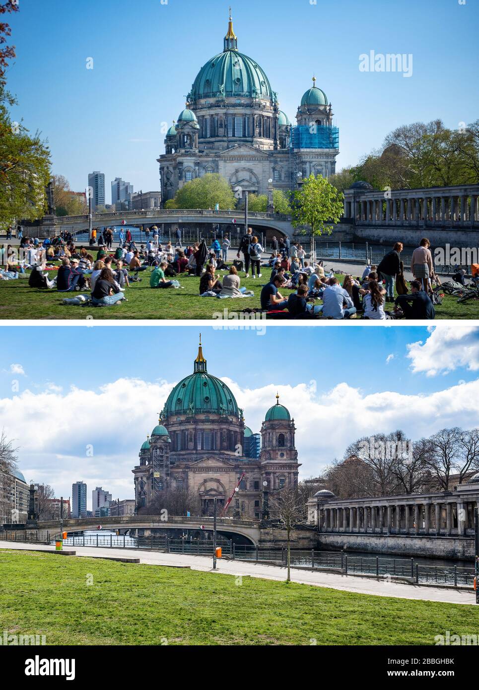 Berlin, Allemagne. 31 mars 2020. KOMBO - la cathédrale de Berlin avant la crise du coronavirus (ci-dessus, archive photo du 17.05.2019) et à jour. En raison des restrictions importantes, il est possible de voir beaucoup moins de gens dans la vie publique à Berlin. Crédit: Monika Skolimowska/Michael Kap/dpa/Alay Live News Banque D'Images