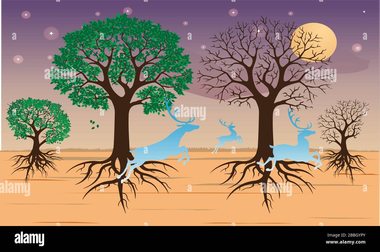 arbre de feuilles vert et sec dans le désert Illustration de Vecteur