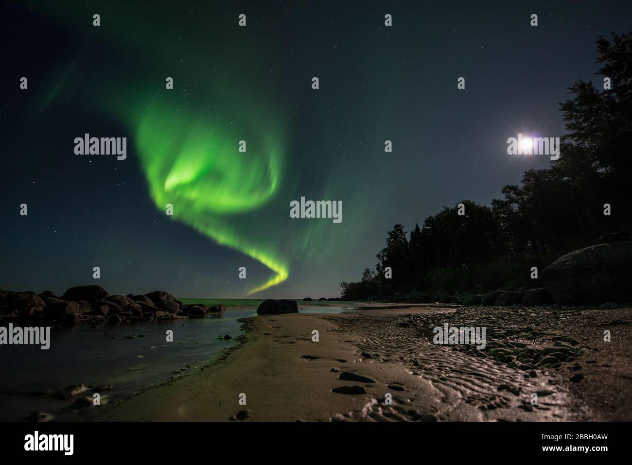 Aurora dansant sur l'eau sous pleine lune dans le lac Winnipeg, Manitoba Canada Banque D'Images