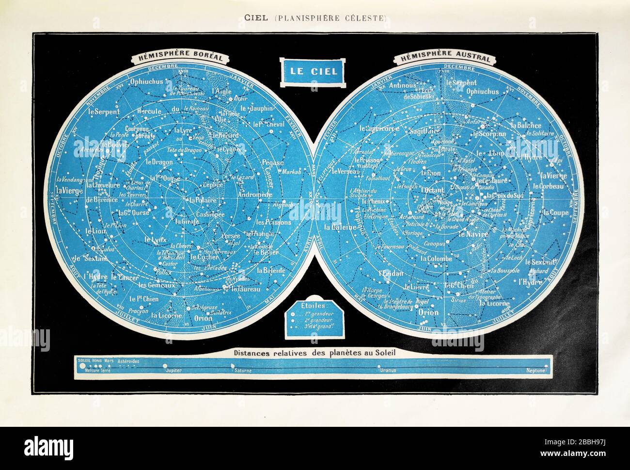 Ancienne illustration d'une planisphère céleste imprimée à la fin du XIXe siècle. Banque D'Images