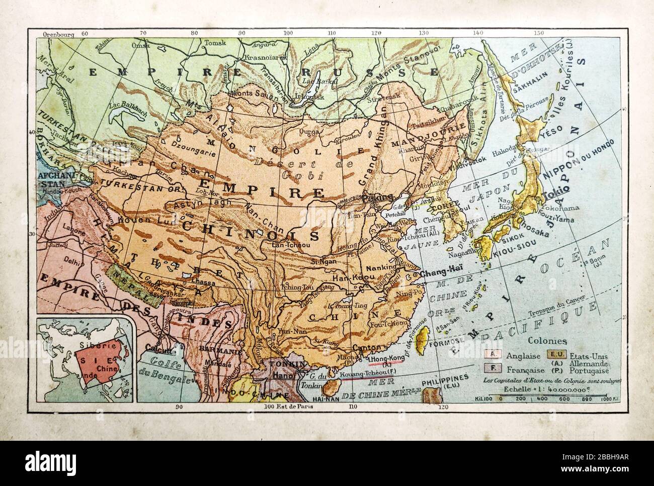 Ancienne carte de la Chine et du Japon imprimée à la fin du XIXe siècle. Banque D'Images