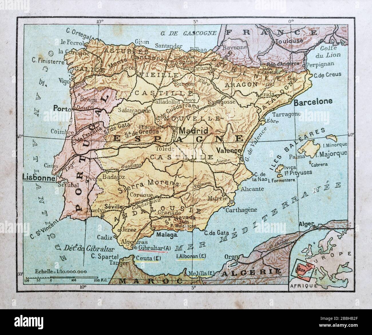 Ancienne carte de l'Espagne et du Portugal imprimée à la fin du XIXe siècle. Banque D'Images