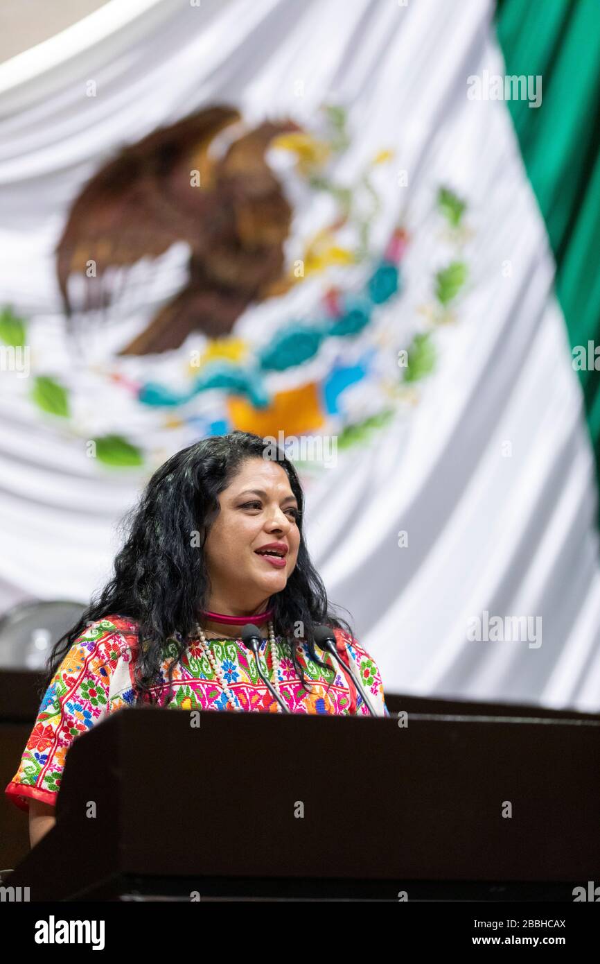 Alejandra Frausto, ministre mexicain de la culture, s'adresse au Congrès fédéral à Mexico. Banque D'Images