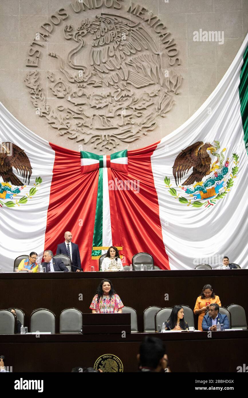 Alejandra Frausto, ministre mexicain de la culture, s'adresse au Congrès fédéral à Mexico. Banque D'Images