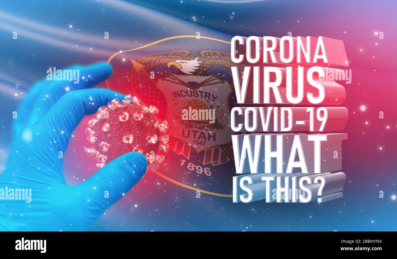 Coronavirus COVID-19, Foire aux questions - quel est le texte, concept médical avec drapeau des Etats-Unis. Illustration du drapeau de l'état de l'Utah. Banque D'Images