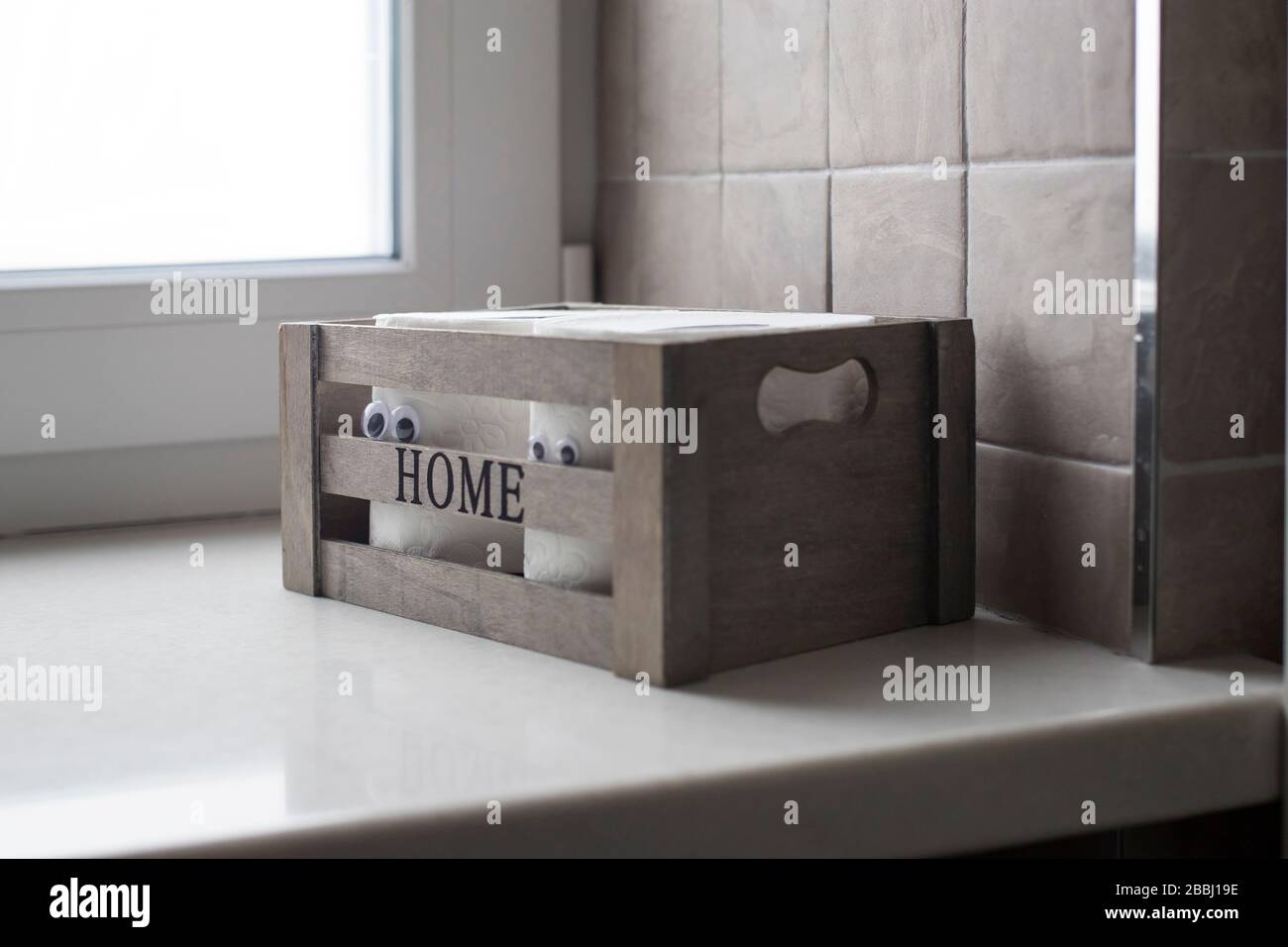 Deux rouleaux de papier toilette avec yeux artificiels dans une boîte en bois avec l'inscription Home sur la salle de bains grise bleue près de la fenêtre Banque D'Images