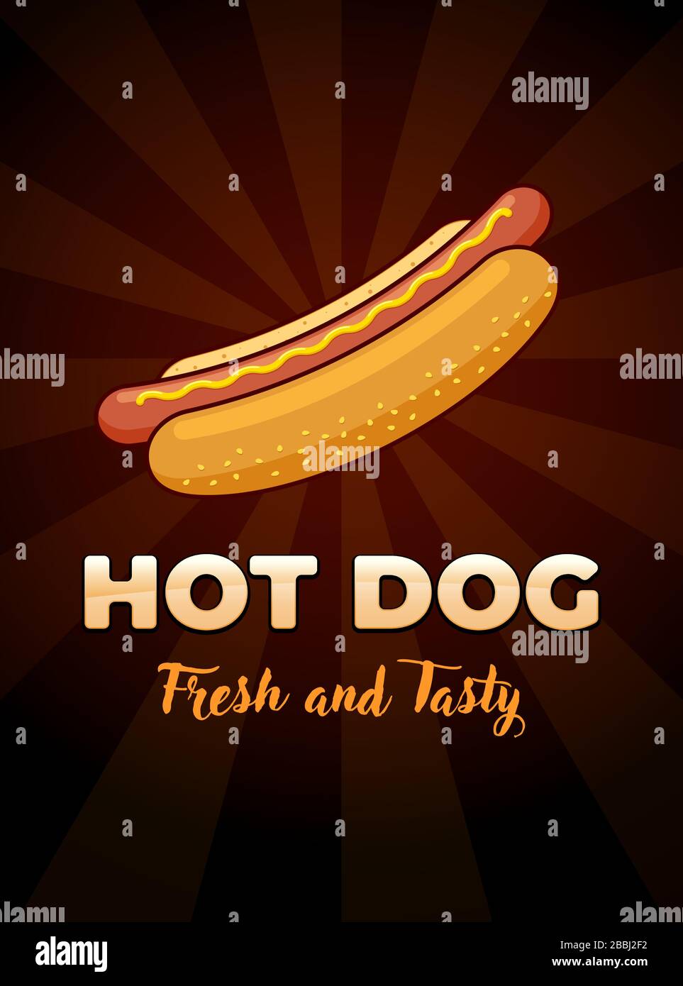 Repas rapide hot dog avec inscription fraîche et savoureuse restaurant publicité poster modèle de conception. Saucisse hot dog au petit pain avec vecteur plat moutarde illustration promo sur les rayons sombres Illustration de Vecteur