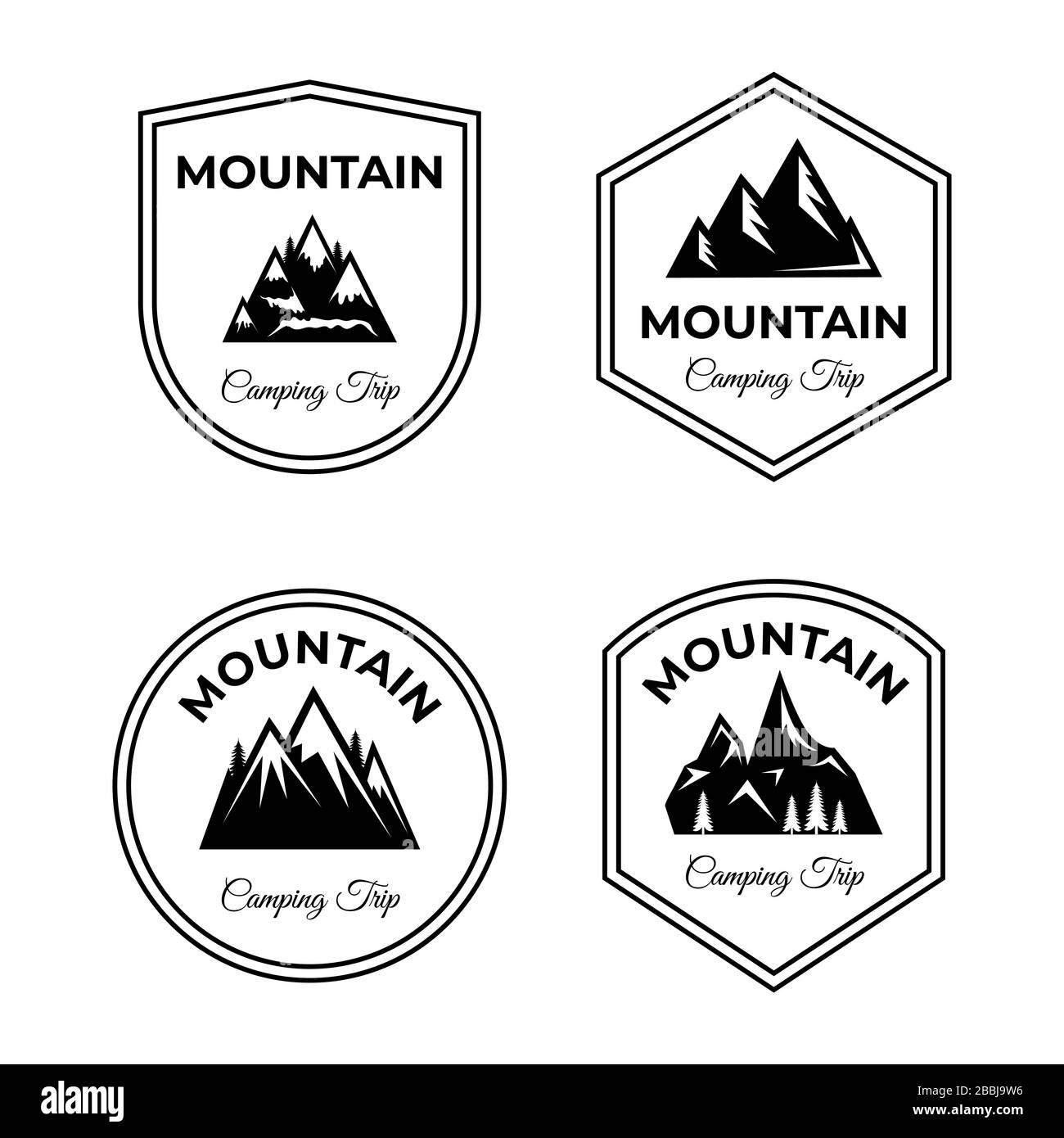 Montagne, logo vectoriel de voyage de camping. Silhouettes pics de montages avec espace texte. Mode de vie actif, randonnée, escalade, vivre sur la nature, voyager dans les alpes icônes isolées sur fond blanc. Illustration de Vecteur