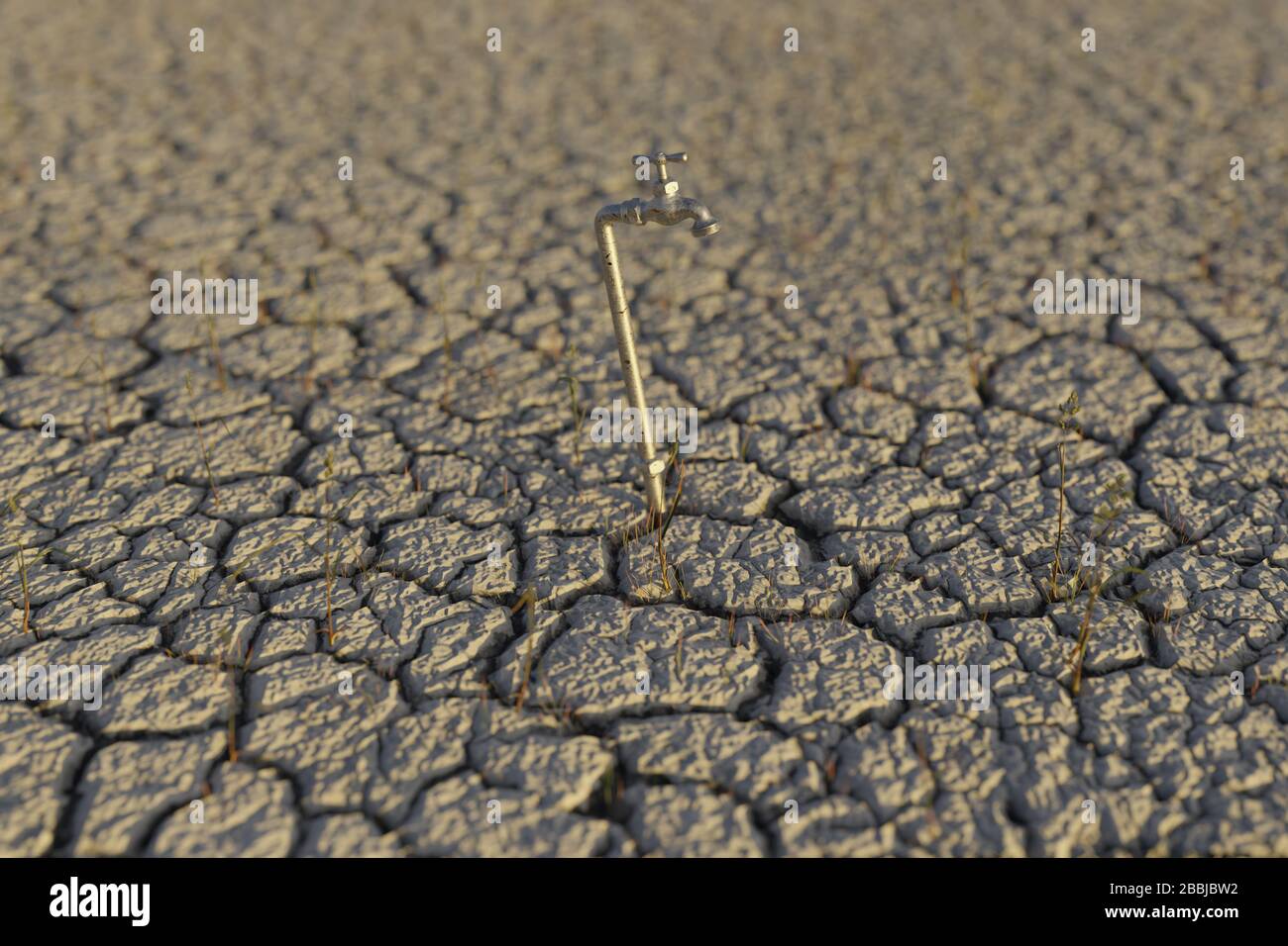 rendu tridimensionnel du paysage de terre sèche avec robinet à la lumière du soleil du soir. Concept de pénurie d'eau Banque D'Images