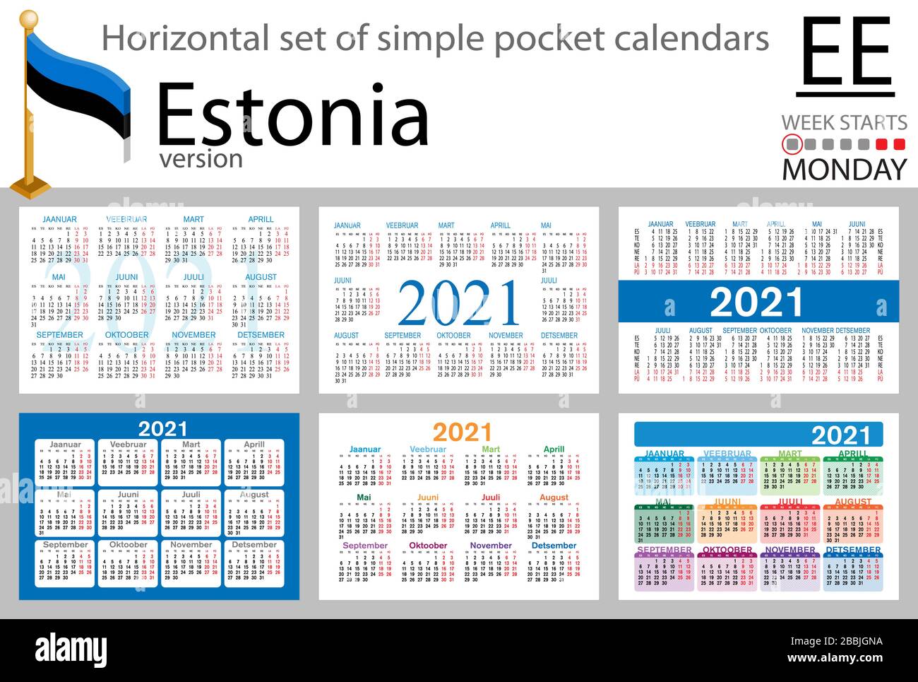 Estonie ensemble horizontal de calendriers de poche pour 2020 (deux mille vingt et un). La semaine commence le lundi. Nouvelle année. Conception simple des couleurs. Vecteur Illustration de Vecteur