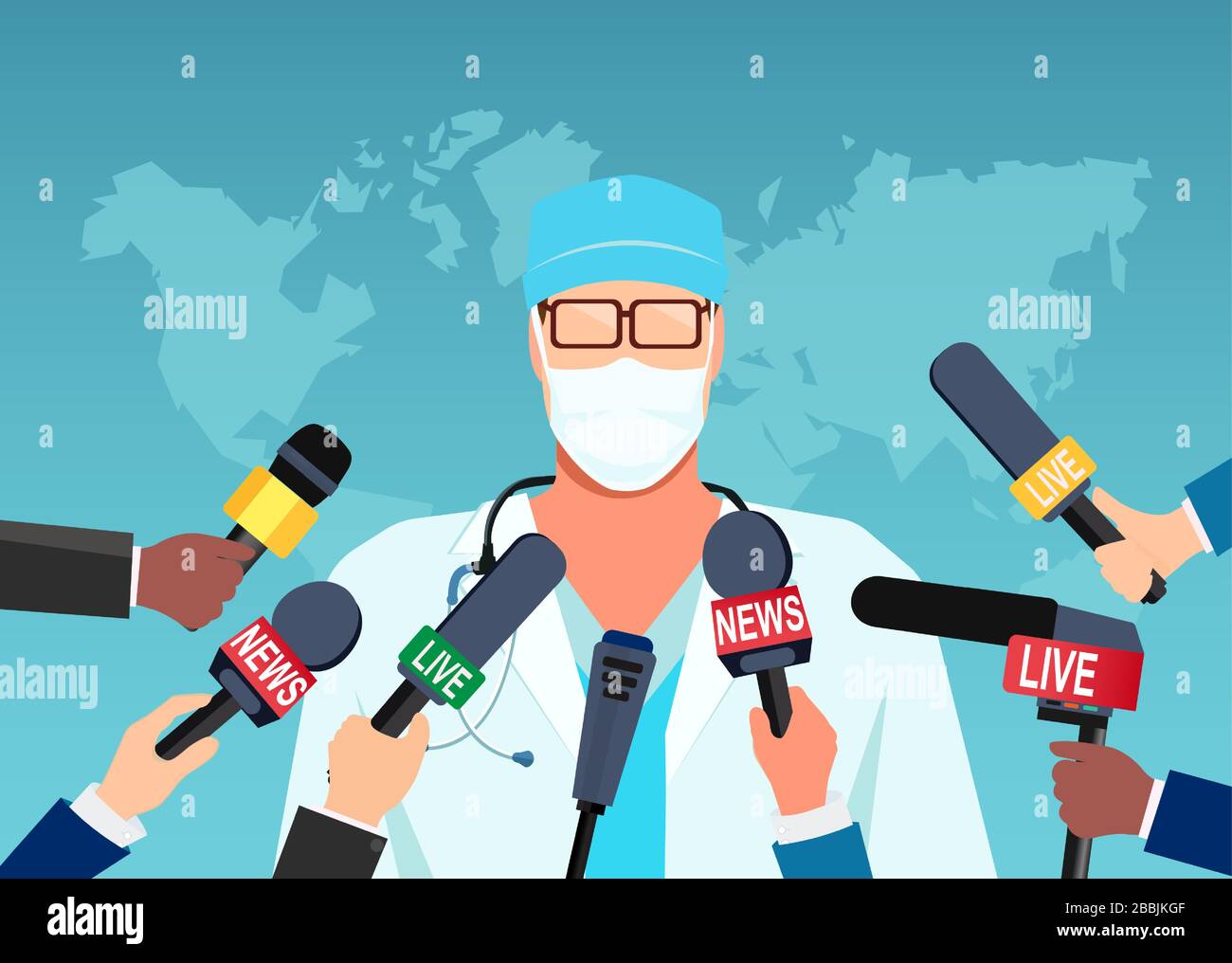 Vecteur d'un médecin en masque donnant une mise à jour sur une pandémie à un groupe de journalistes Illustration de Vecteur