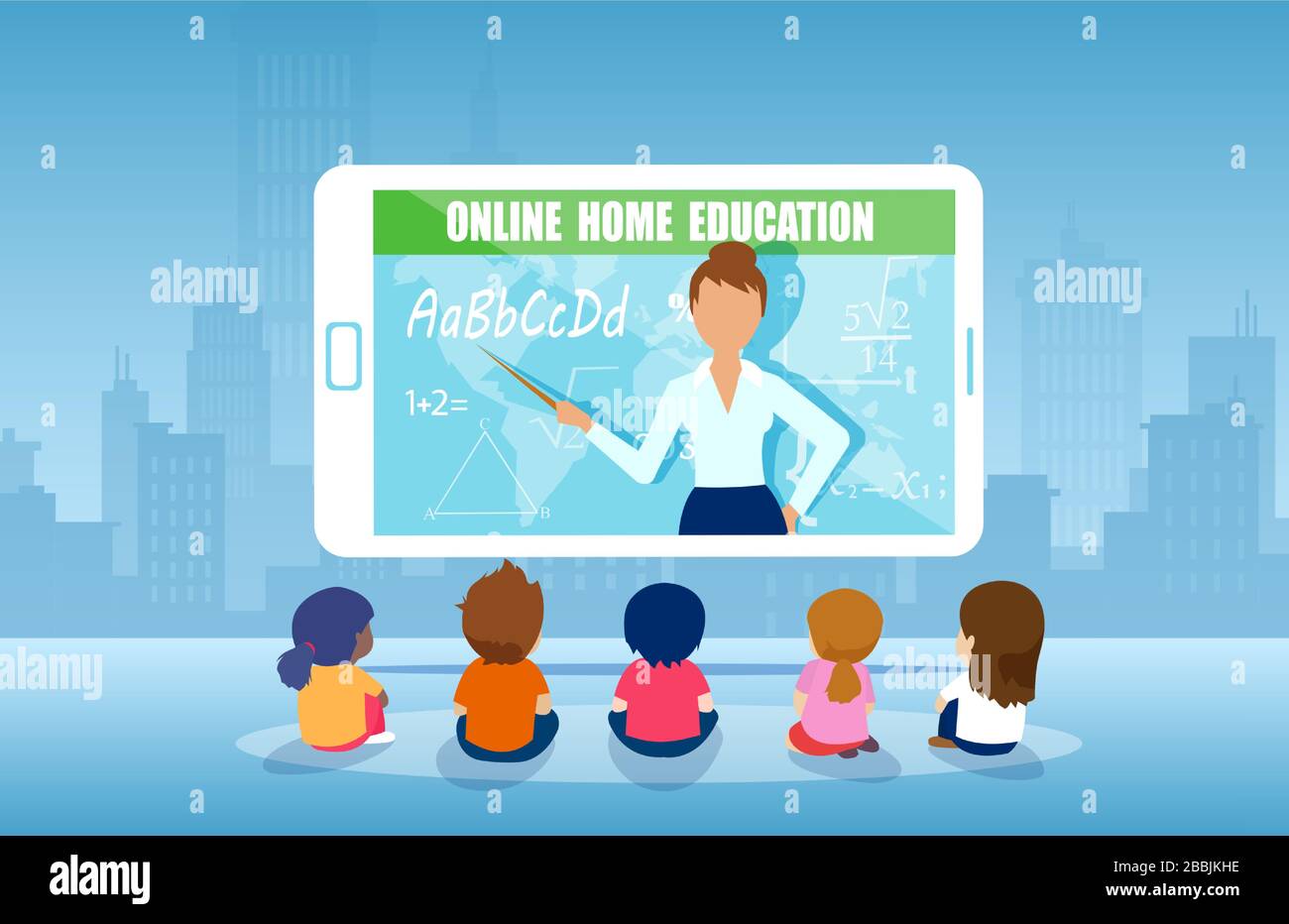 Vecteur d'un groupe d'enfants regardant en ligne cours de professeur sur tablette ordinateur. Concept de programme d'éducation sur Internet à domicile Illustration de Vecteur