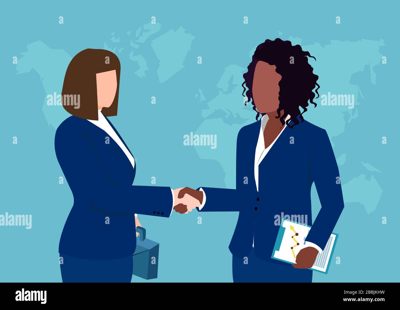 Vecteur de deux femmes d'affaires se secouant les mains isolées sur fond de carte du monde. Illustration de Vecteur