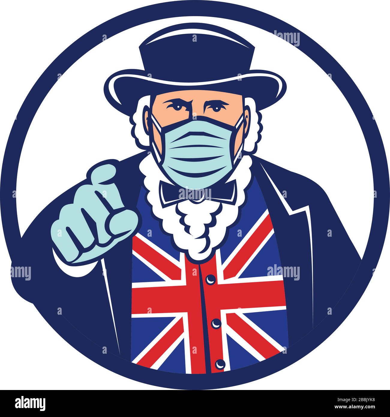 Illustration de l'icône mascotte de John Bull, une personnification nationale du Royaume-Uni et de l'Angleterre, portant un masque chirurgical pointant vers l'avant Illustration de Vecteur