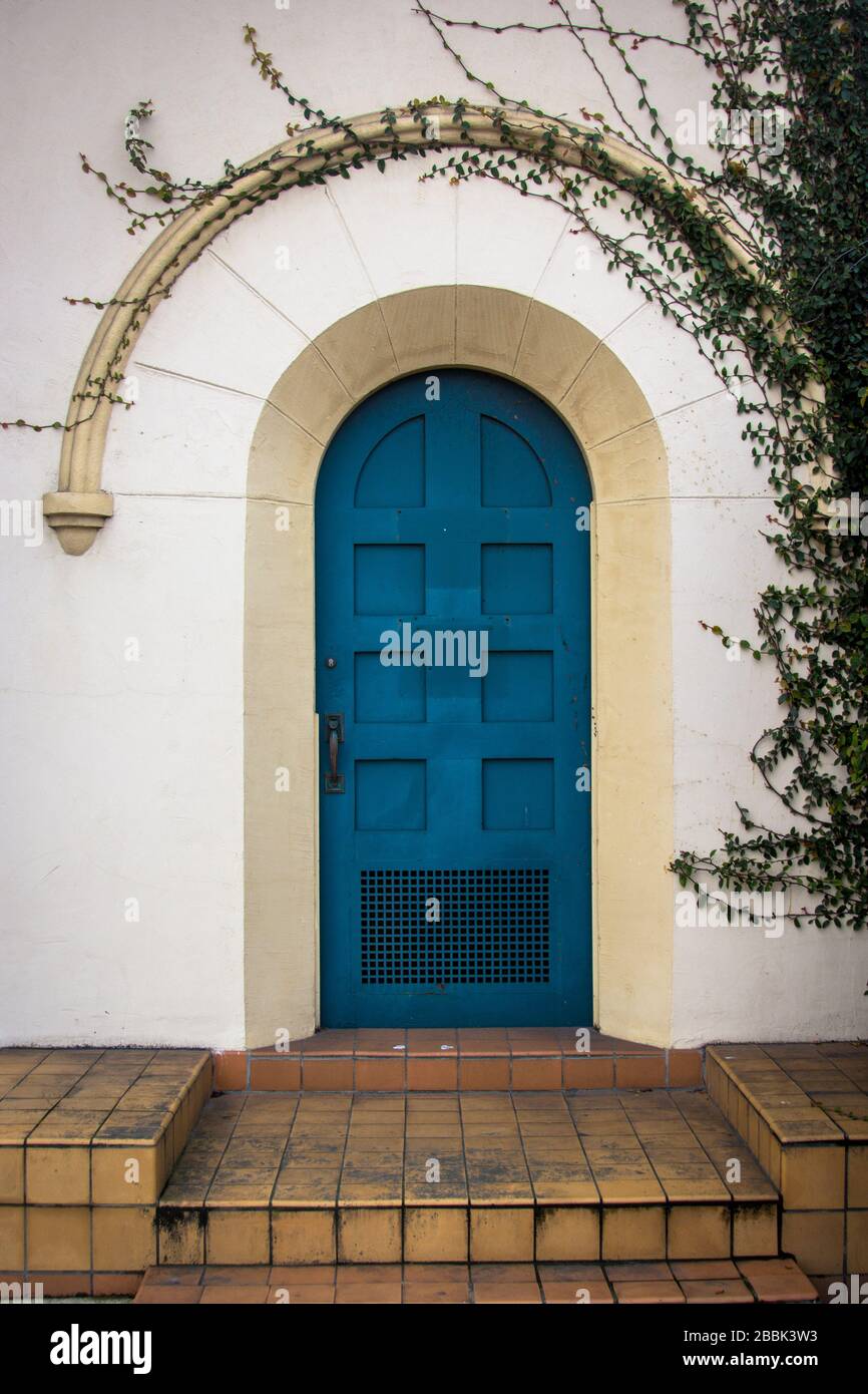 Une vigne verte enveloppant autour d'une porte bleue avec des marches de briques dans une maison de style ancien monde. Banque D'Images
