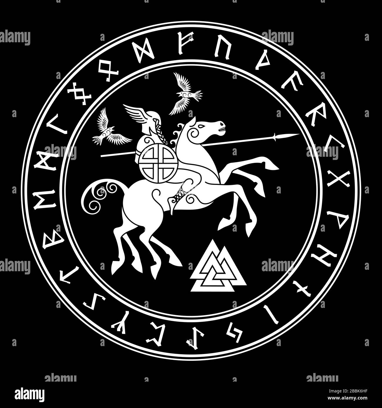 Dieu Wotan, équitation sur un cheval Sleipnir avec une lance et deux corbeaux dans un cercle de Norse runes. Illustration de la mythologie Norse Illustration de Vecteur