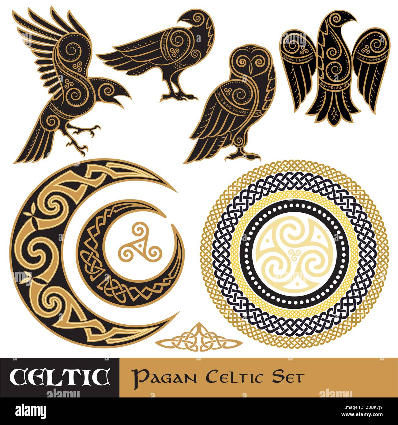 Set de magie celtique. Lune et Soleil cornés celtiques, Owl celtique, Corbeau celtique Illustration de Vecteur