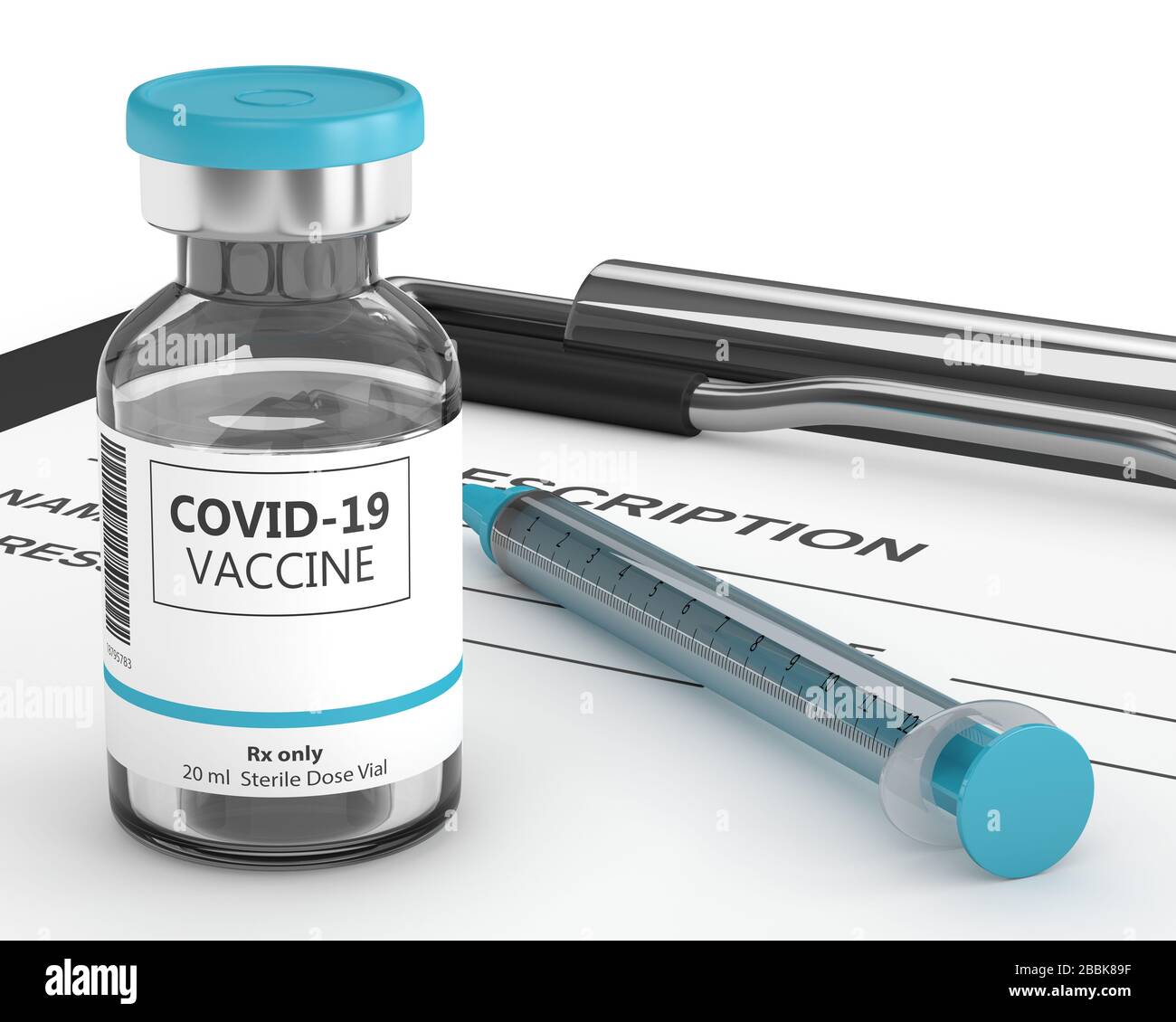 rendu tridimensionnel du flacon de vaccin covid-19 et de la seringue sur fond blanc Banque D'Images