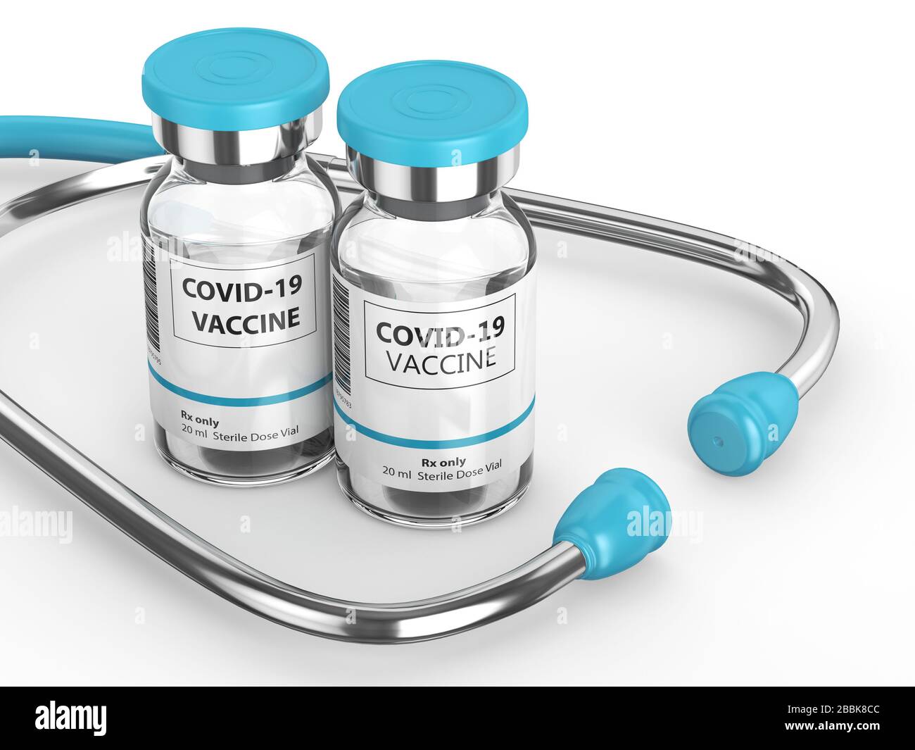 rendu tridimensionnel des flacons de vaccin covid-19 avec stéthoscope sur fond blanc Banque D'Images