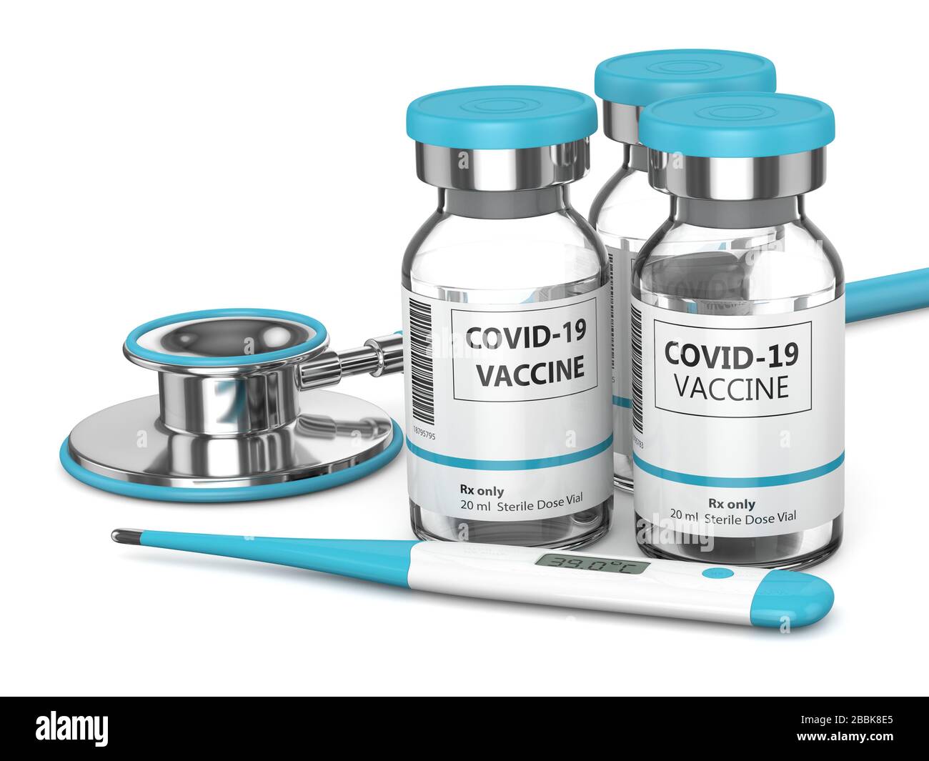 rendu tridimensionnel des flacons de vaccin covid-19 avec stéthoscope et thermomètre sur fond blanc Banque D'Images