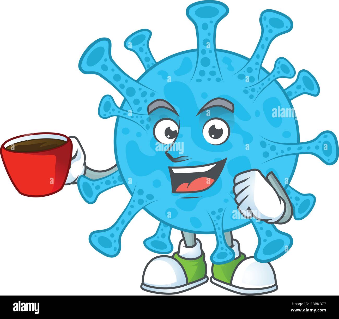 Un personnage de dessin animé de coronavirus backteria avec une tasse de café Illustration de Vecteur
