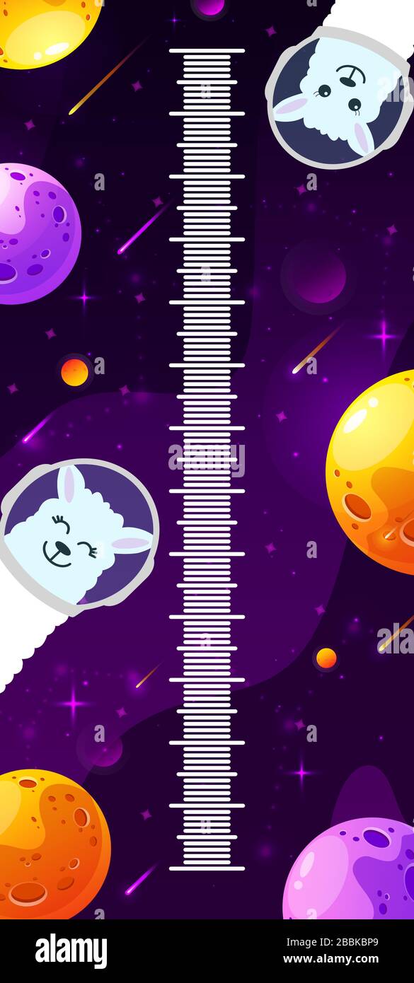 Tableau des hauteurs d'espace pour enfant. Mètre de mur cosmique avec mignons lama et des planètes de fantaisie de dessin animé. Modèle vectoriel. Illustration de Vecteur