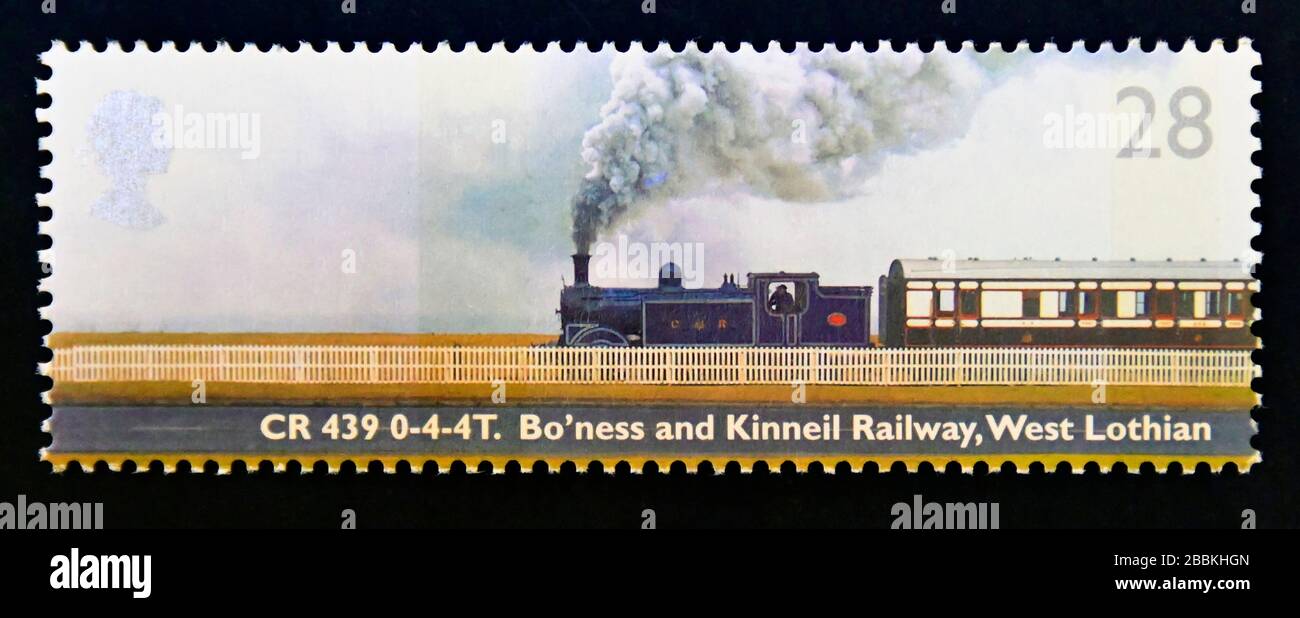 Timbre-poste. Grande-Bretagne. La reine Elizabeth II Locomotives classiques. Classe CR 439 0-4-4 T. BO'ness and Kinneil Railway, West Lothian, Écosse. 28 p. 2004. Banque D'Images