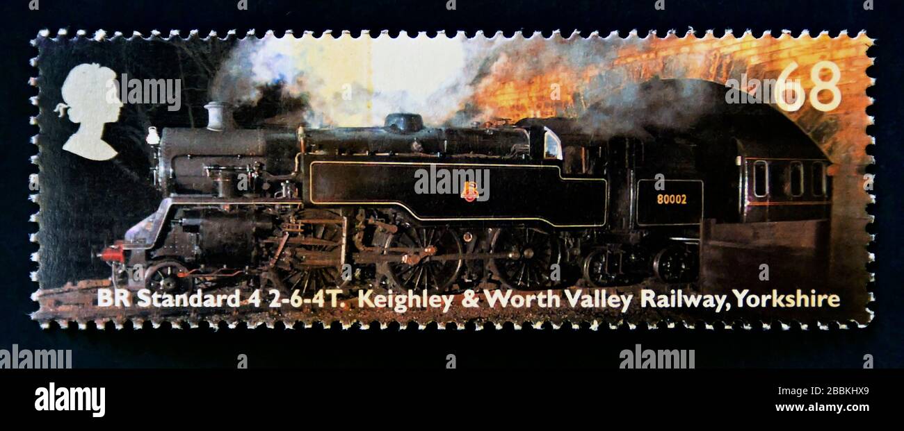 Timbre-poste. Grande-Bretagne. La reine Elizabeth II Locomotives classiques. BR Standard 4, 2-6-4 T. Keighley et Worth Valley Railway, Yorkshire, Angleterre. 68 p 2004. Banque D'Images