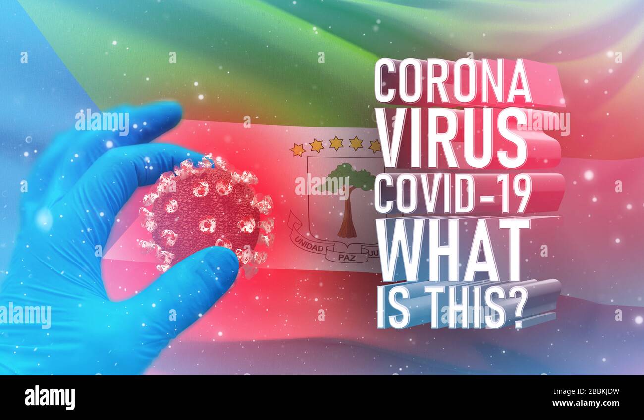 Coronavirus COVID-19, Foire aux questions - quel est le texte, concept médical avec drapeau de la Guinée équatoriale. Illustration en cas de pandémie. Banque D'Images