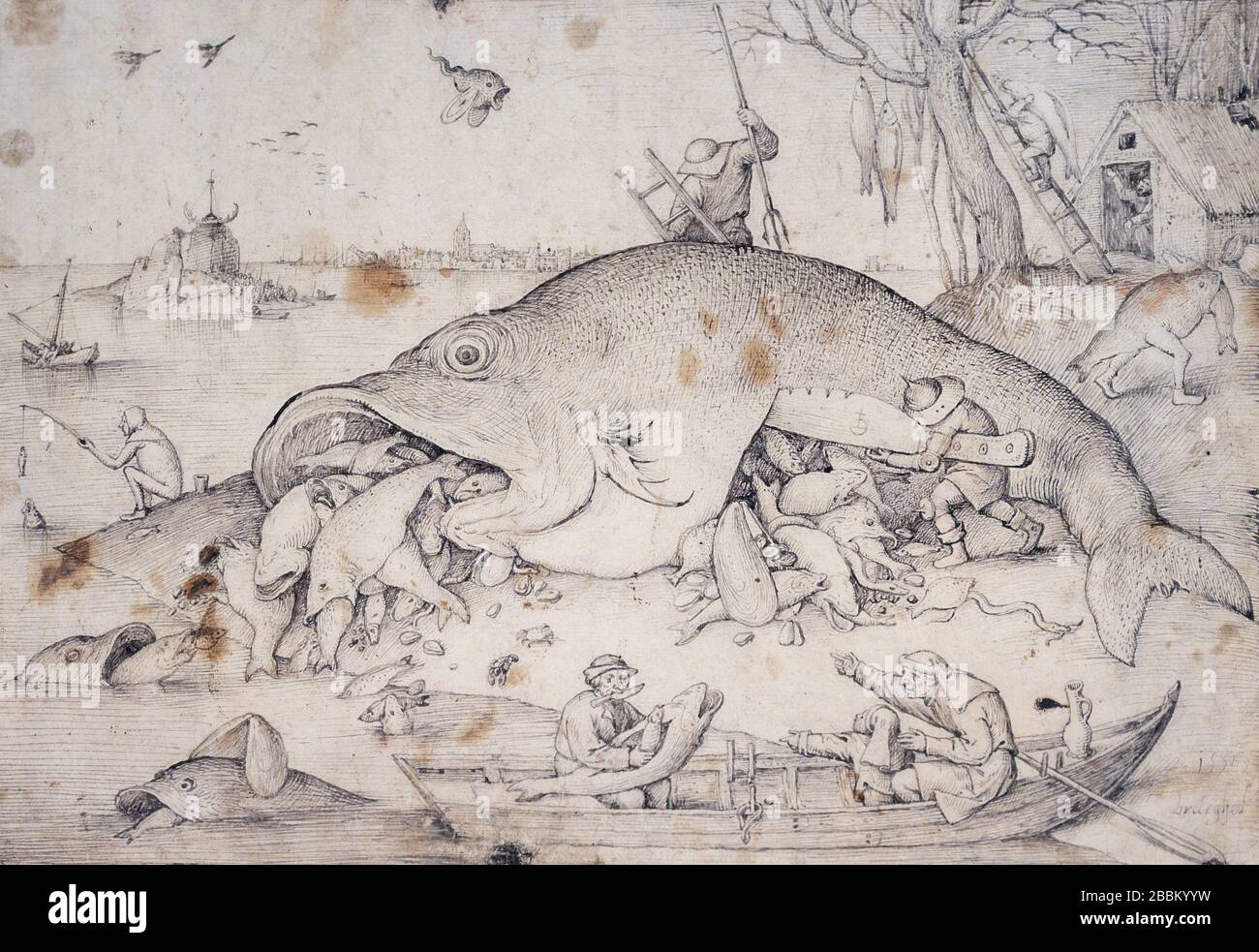 'Le gros poisson mange le petit poisson' (1556) par Pieter Bruegel l'aîné (v. 1526-1530 – 1559). Brosse et stylo. Télécopieur. Banque D'Images