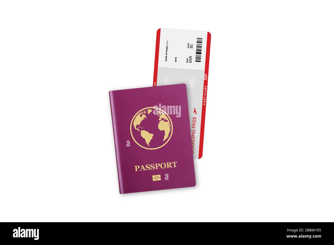 Illustration tridimensionnelle d'un passeport international réaliste rouge avec globe pour les vacances et le voyage avec des billets d'avion, isolé sur fond blanc. Banque D'Images