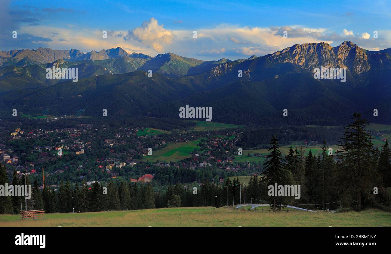 Vue panoramique sur les montagnes des Hautes Tatras avec les pics Giewont, Kasprowy Wierch, Czerwone Wierchy et Swinica vus de Zakopane en Pologne Banque D'Images