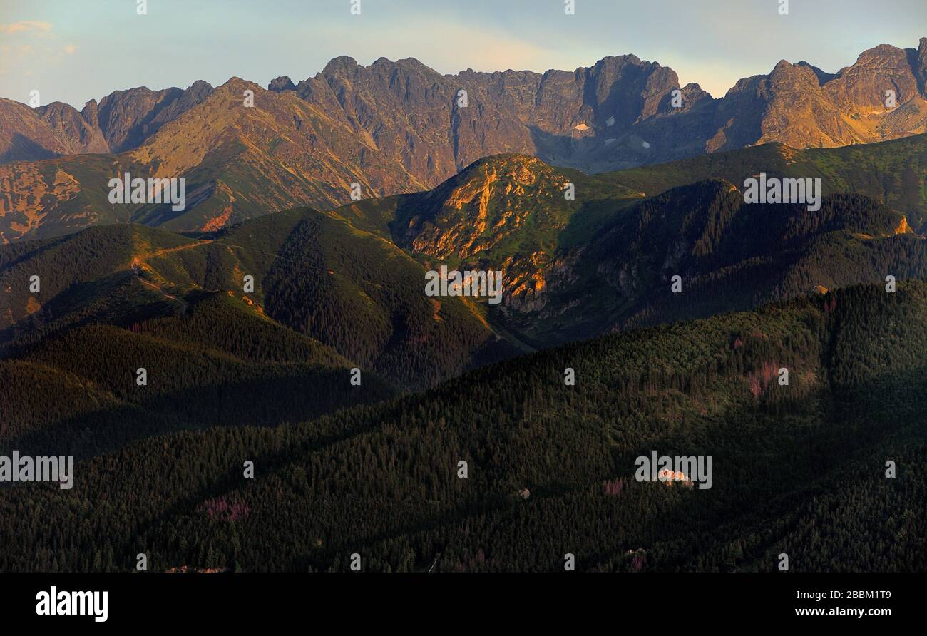 Vue panoramique sur les montagnes des Hautes Tatras avec les pics Kasprowy Wierch, Czerwone Wierchy et Swinica vus de Zakopane en Pologne Banque D'Images