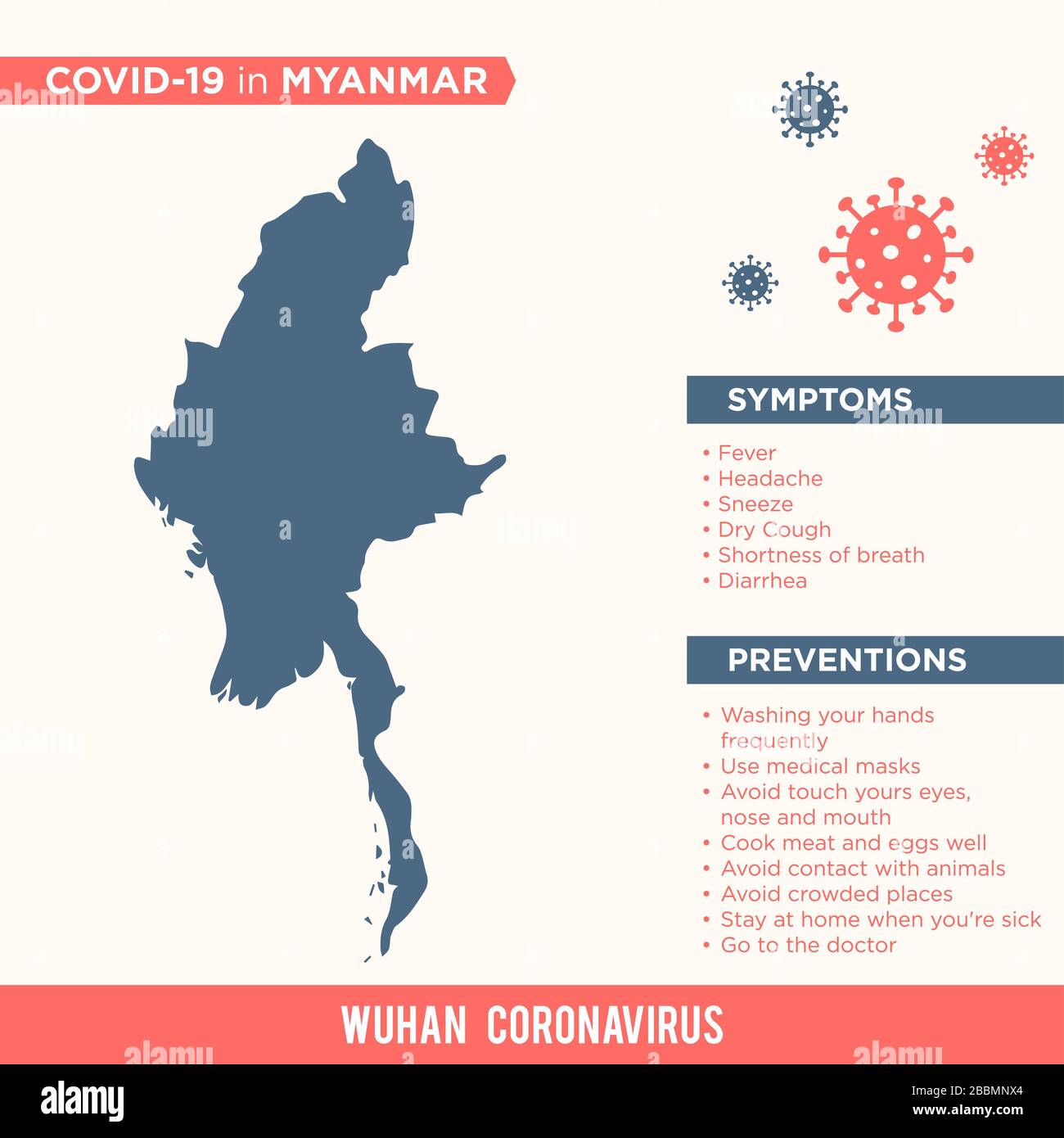 Myanmar - carte de pays d'Asie. Covid-29, modèle vectoriel graphique Corona virus Map EPS 10. Banque D'Images
