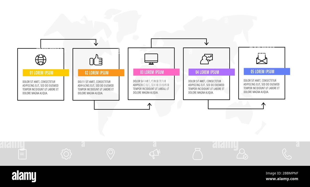 Chronologie modèle d'infographies linéaires de conception créative. Illustration vectorielle métier avec 5 options, flèches. Peut être utilisé pour le diagramme de processus, presentat Illustration de Vecteur